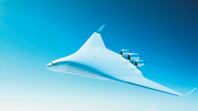 A blended-wing aircraft capable of storing hydrogen.