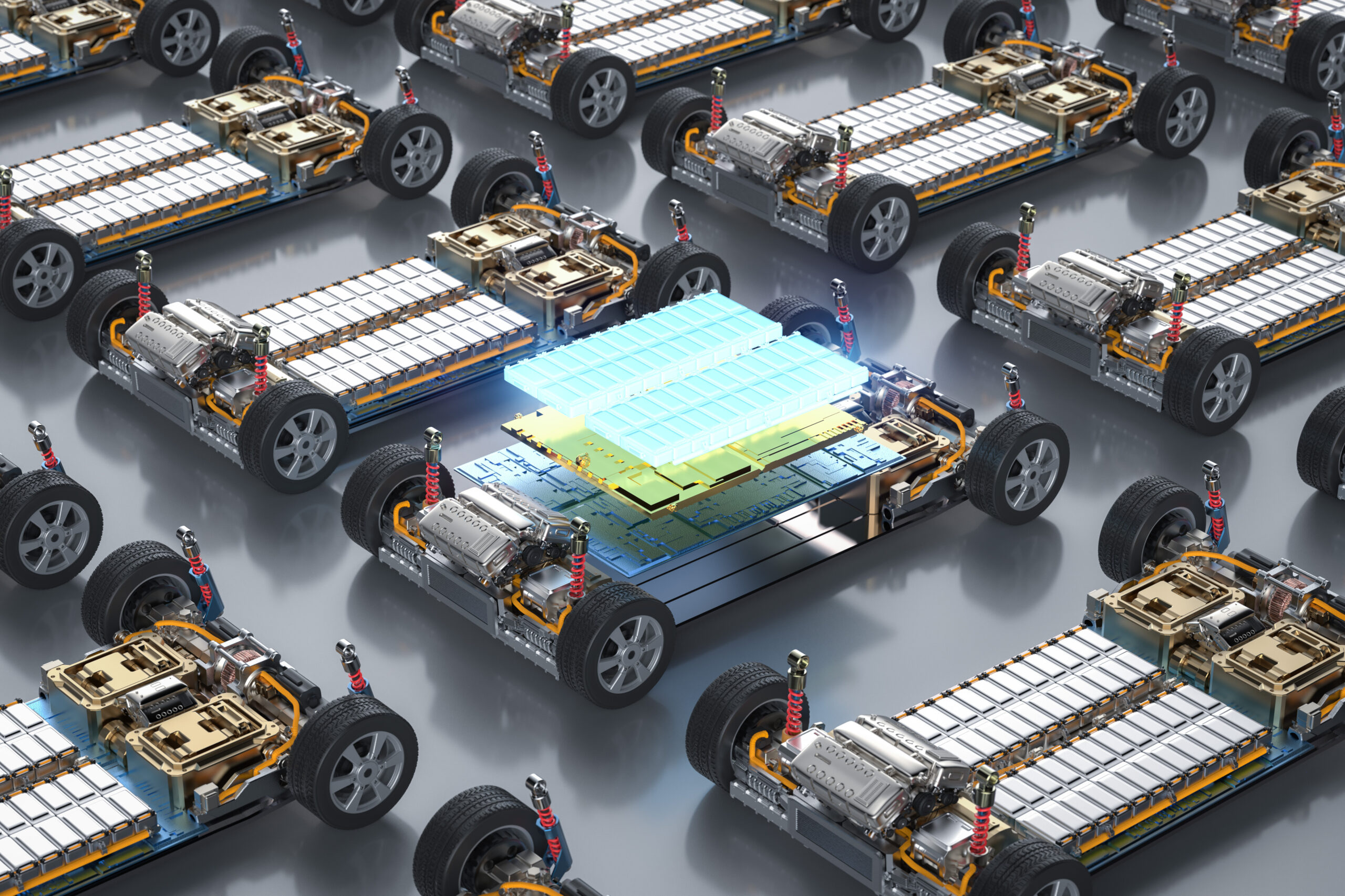3d rendering group of electric cars with pack of battery cells module on platform in a row