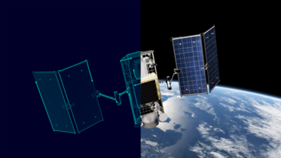A satellite split in half between a digital version to the left and a real version above Earth to its right.