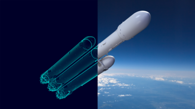 A split image of a Falcon rocket between its digital twin on the left and the actual rocket on the right.