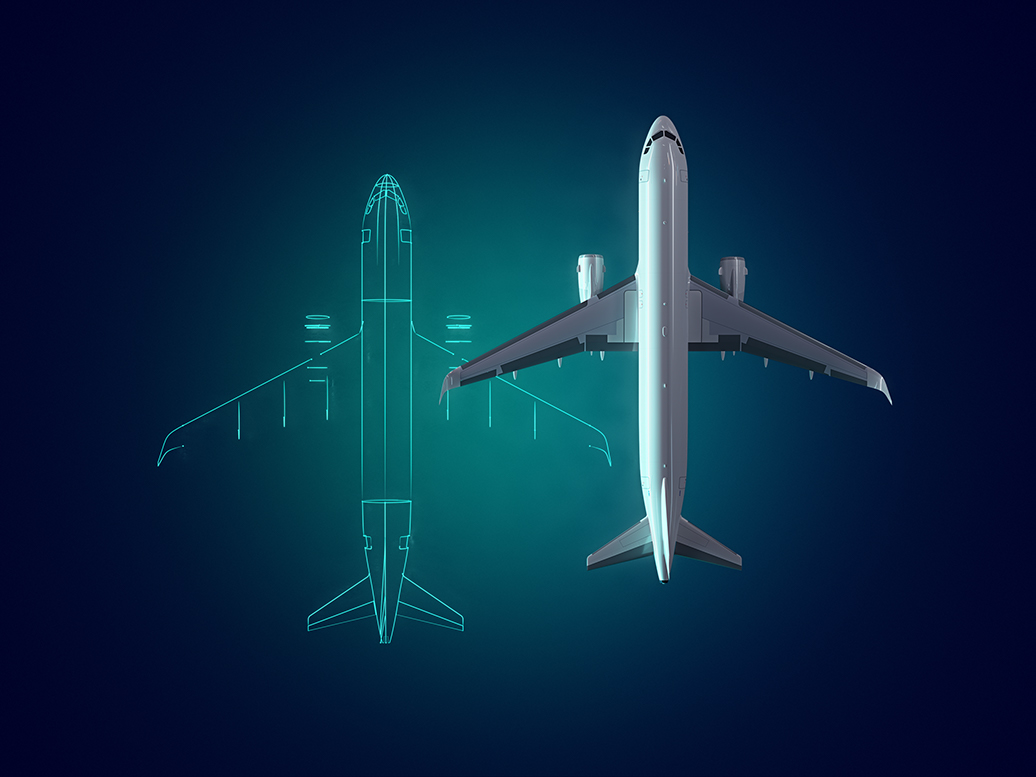 A rendering of a passenger airplane with a holographic version of itself to its left from a top view.