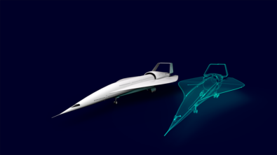 A hypersonic jet concept next to a digital model version of itself in front of a dark background.