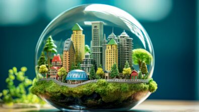 Snow globe of a modern city skyline to represent that we are part of an ecosystem