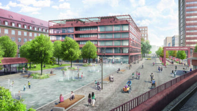 An artistic rendering of Siemensstadt Square after updating the site to be a sustainable urban district