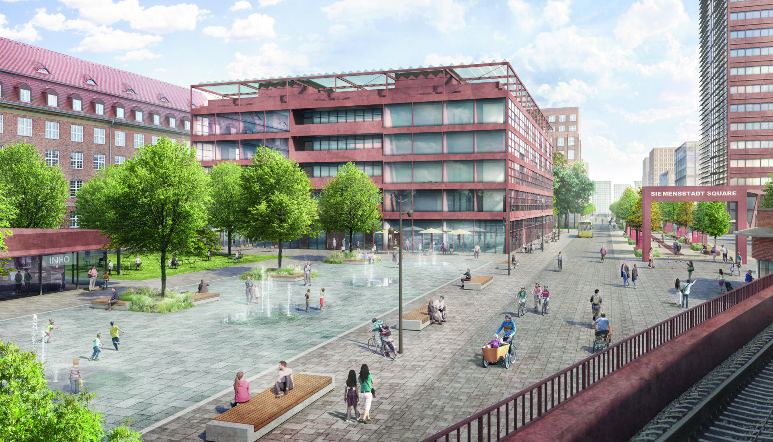 An artistic rendering of Siemensstadt Square after updating the site to be a sustainable urban district