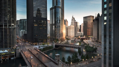 The Chicago downtown cityscape at sunset.