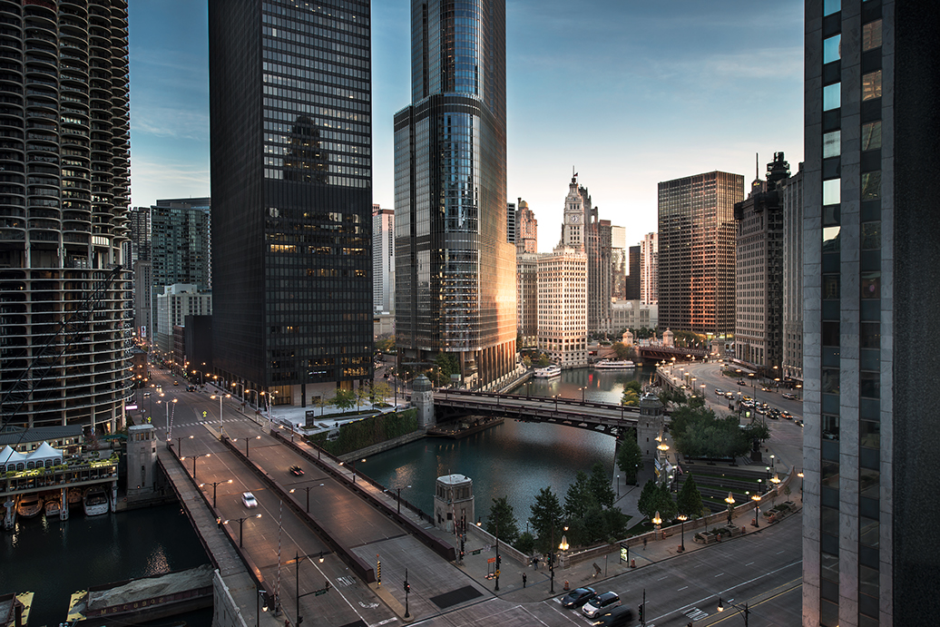 The Chicago downtown cityscape at sunset.