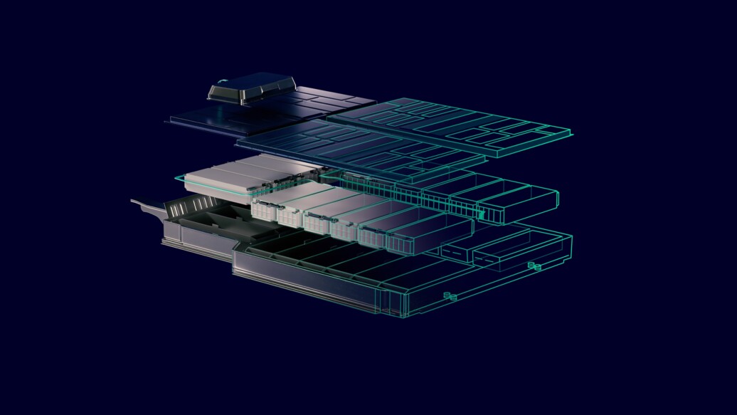 Layers of a conceptual car battery, with the top layer appearing as a digital representation.