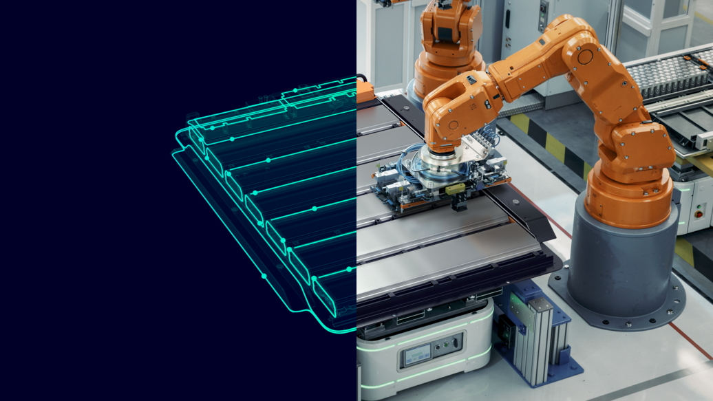 A split conceptual image of an electric vehicle battery, the left half as its digital twin version and the right half a physical version being built by robot arms in a factory.