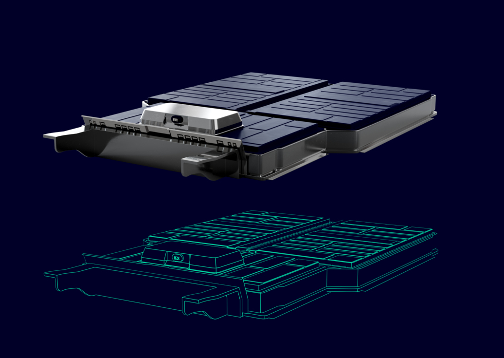 A conceptual image with a physical electric car battery floating above its digital twin version.