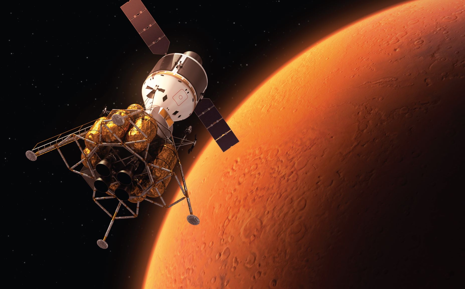 A conceptual image of a spacecraft with a lander orbiting Mars.