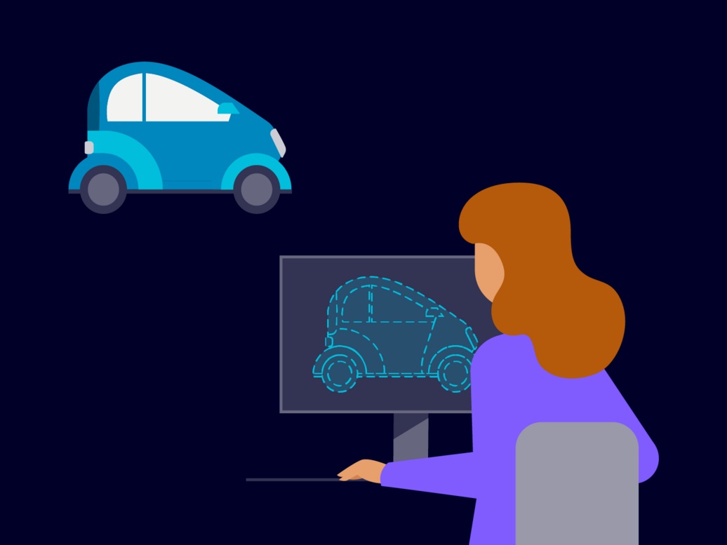A mechanical engineer views an automobile digital twin, a key advancement in sustainable design.