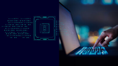 A split image, the left half of a conceptual holographic image of a computer chip, the right half a photo of a hand typing on a laptop.