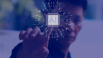 A person reaching out toward a conceptual AI icon in the shape of a microchip.