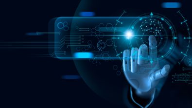 A robotic arm accessing data from a user interface (UI) display.