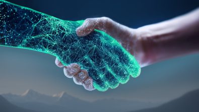 A human and an AI shaking hands.