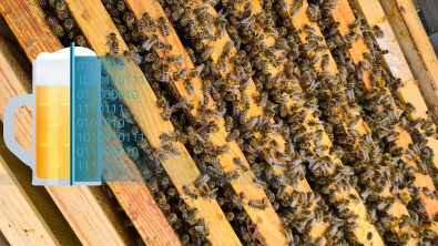 A glass of beer and its digital twin is superimposed on top of an image of bees.