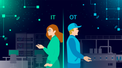 A woman working in IT and a man working in OT stand back to back to each other while within a factory.