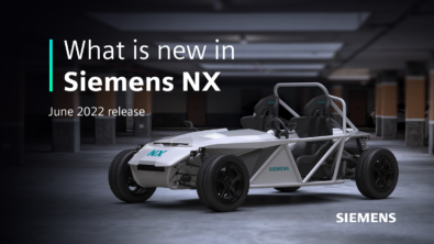 An electric vehicle in a garage with a text overlay reading "What is new in Siemens NX June 2022 release"