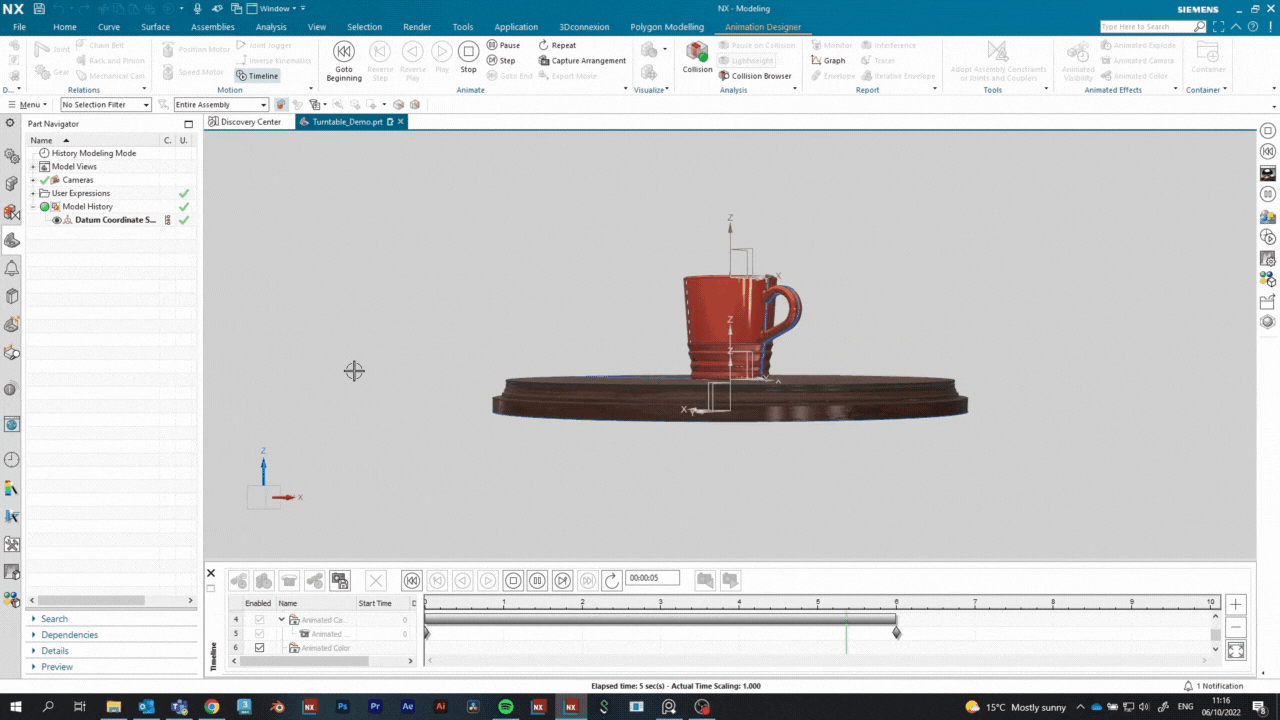 This image shows a coffee cup rotating in turntable view within NX
