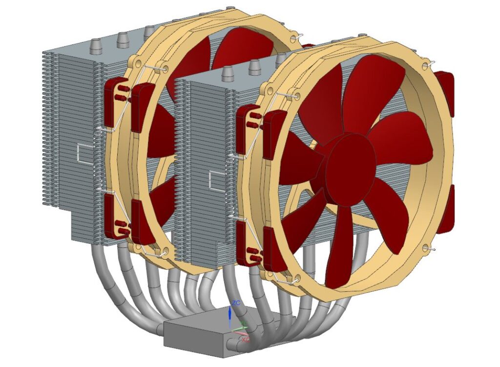 A screenshot of an assembled CPU cooler system designed in NX.