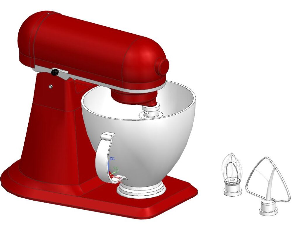 A screenshot within NX of a red, assembled stand mixer with a assembled flat beater and a wire whisk attachment sitting to the right side.