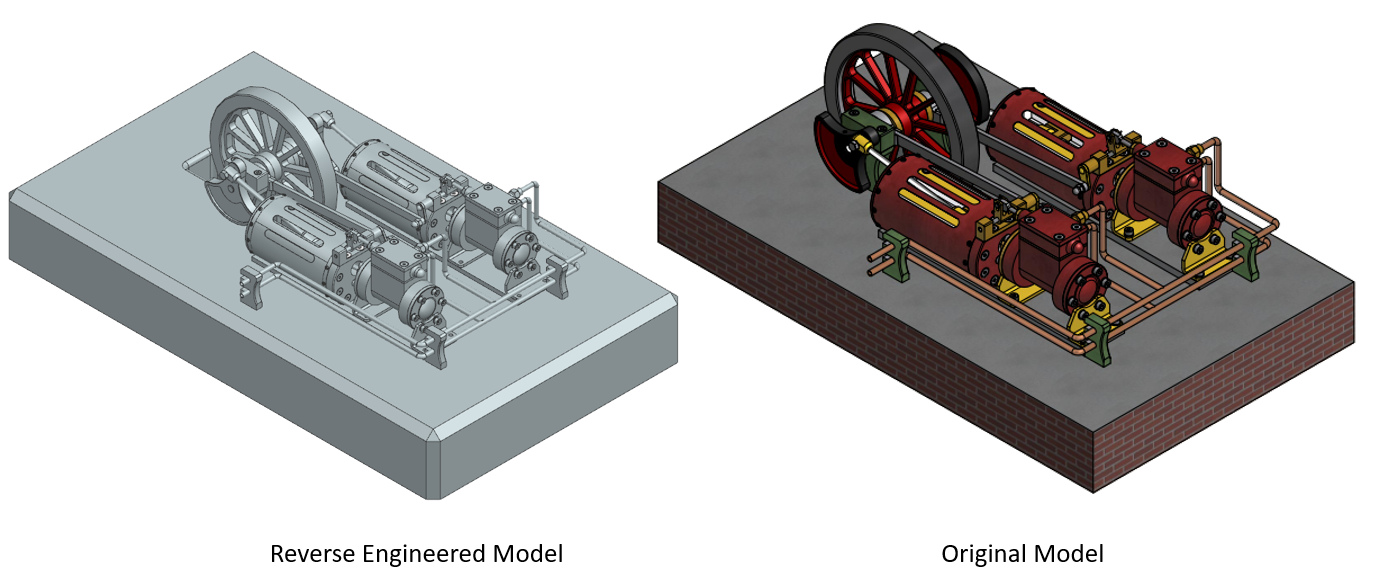 On the left side, there is a silver assembled model of a twin steam engine in NX, captioned "Reverse Engineered Model." On the right side, there is a red and yellow twin steam engine sitting on top of bricks labeled "Original Model."