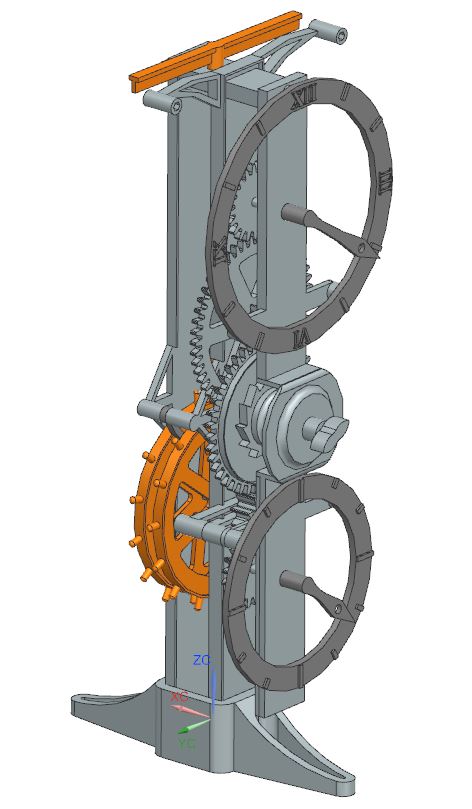 A screenshot of the assembled internal components of a tall, two-tiered standing clock designed in NX.