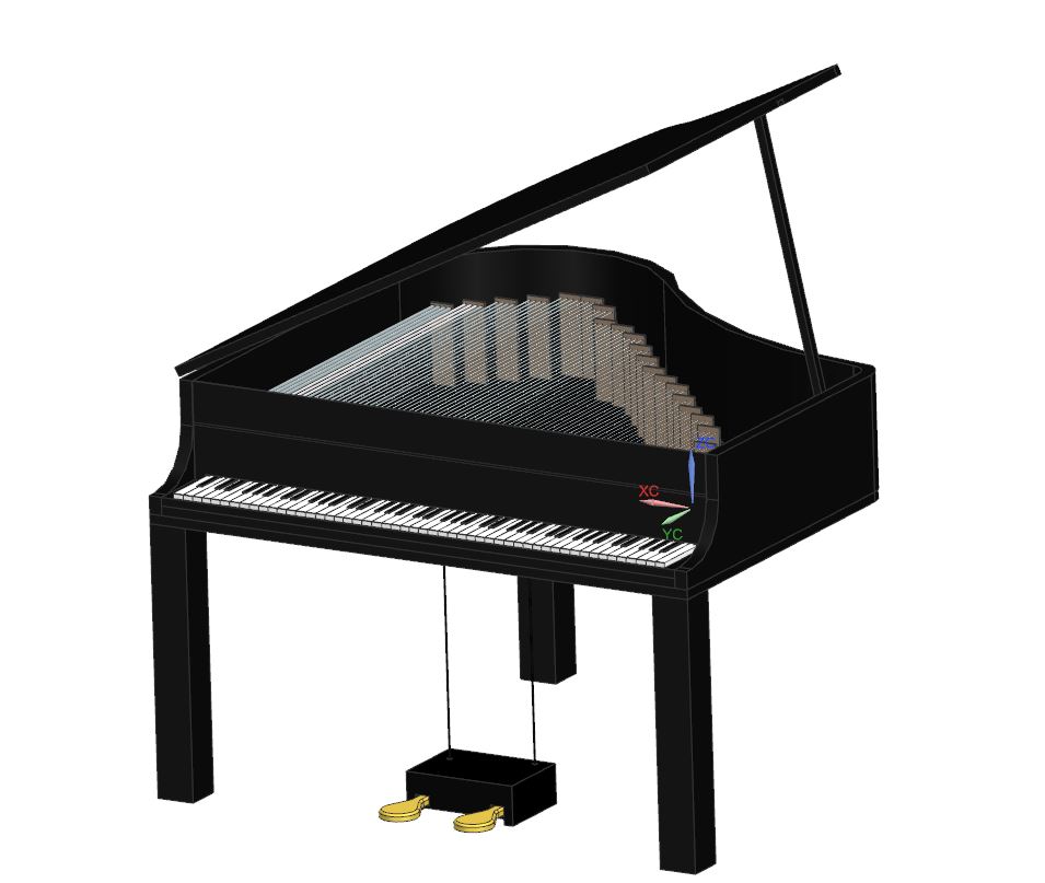 A screenshot of an assembled black grand piano designed in NX.