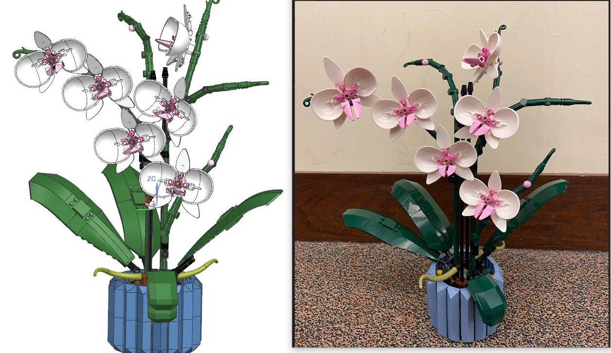 A screenshot of a LEGO orchid assembly designed in NX, juxtaposed next to a photo of a physical LEGO orchid.