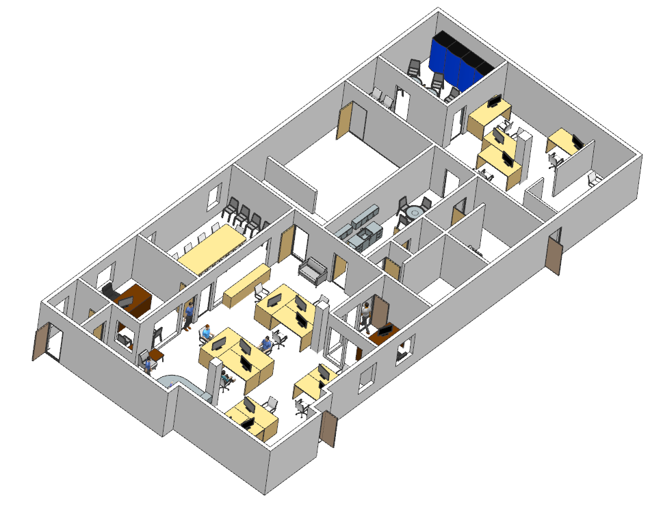 A digital office design in NX for BIM. There are multiple different rooms, walls, doors, with desks and other office furniture.