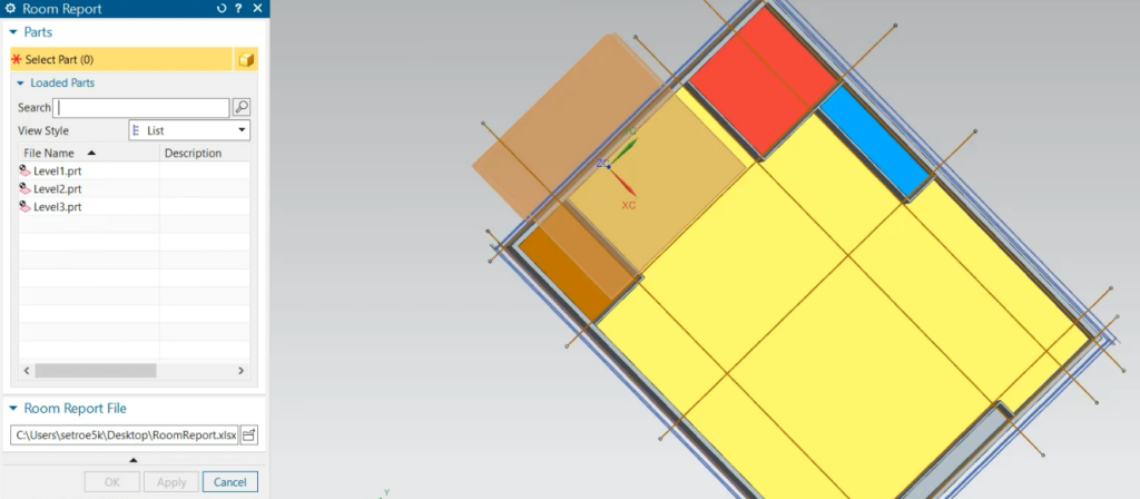 A building model with rooms assigned, ready to run the Room Report