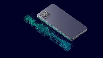 A design of a phone with a blue "digital twin" of the electronic components inside the phone
