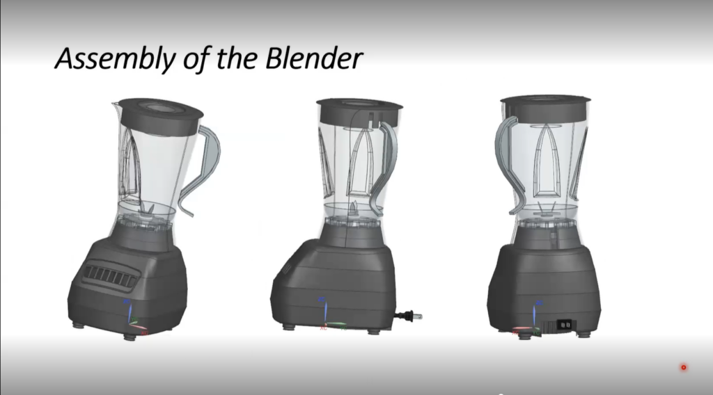 3D assembled design of a Hamilton Beach blender in NX, from three angles
