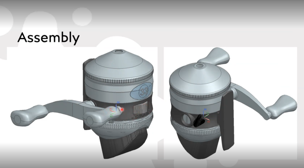 3D assembly of a fishing reel design in NX, from two angles