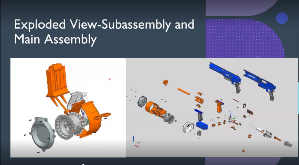 Side by side of a 3D subassembly and full assembled design of a Nerf gun in NX