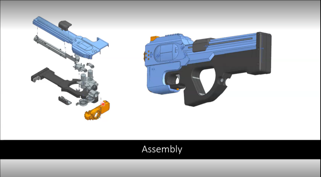 An exploded view and 3D assembly of a nerf gun design in NX