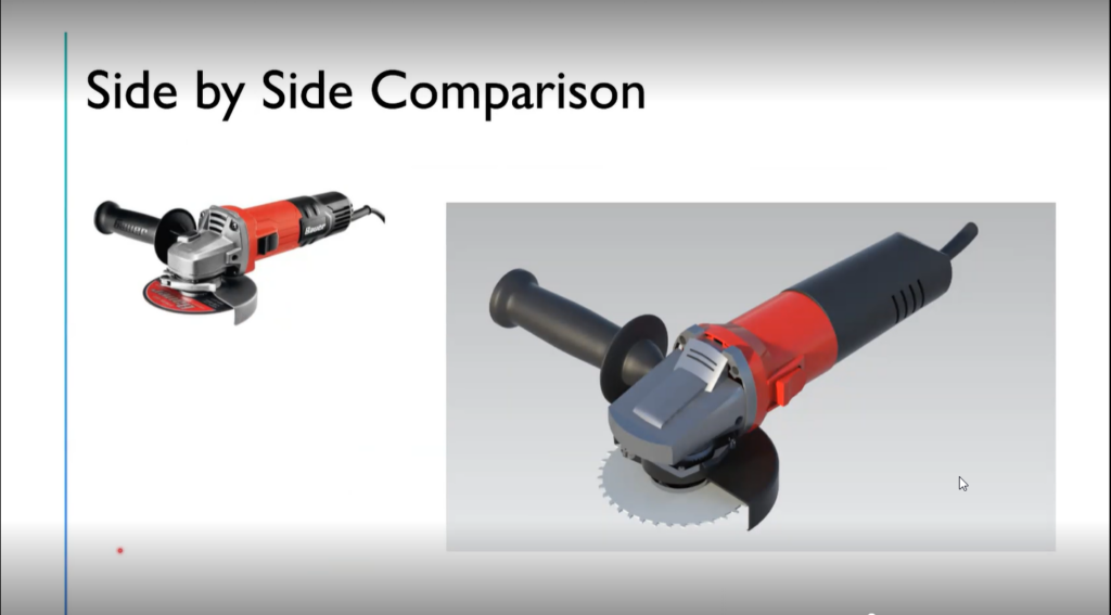 A side by side comparison of a real handheld angular saw and the photorealistic 3D rendering of a saw design in NX