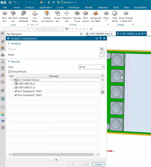 analyze connections dialogue box in NX