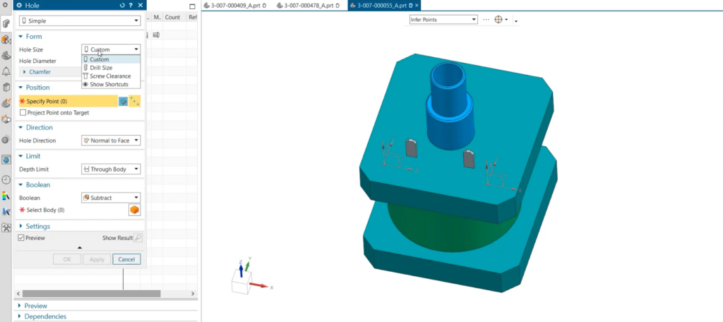 This image shows how to set the properties of a hole