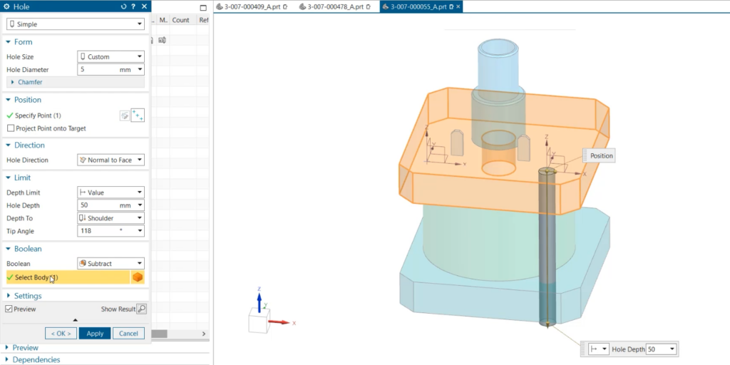 This image shows how to select boolean holes properties with NX.