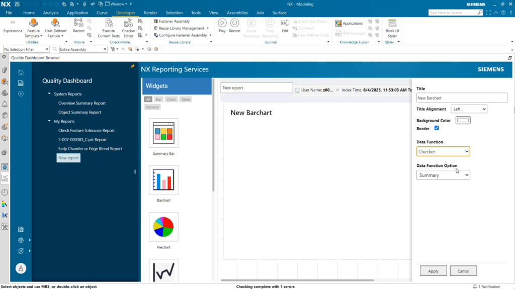 quality dashboard chart options in nx