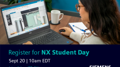 A graphic with girl on a laptop that has NX CAD open with a design of a coffee machine that reads "Register for NX Student Day. Sept 20 | 10 AM EDT"