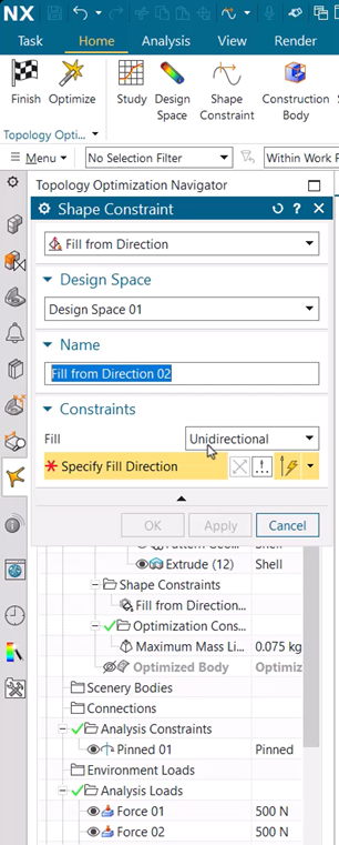 NX showing fill from direction