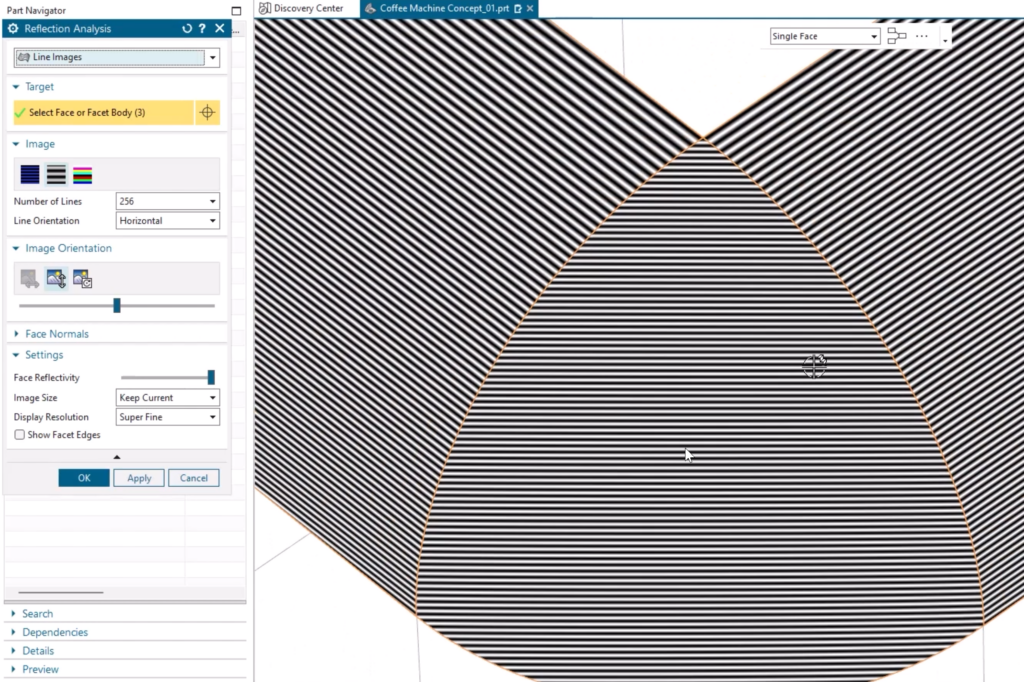 Siemens NX's Reflection Analysis tool showing edge blends with sharp transitions