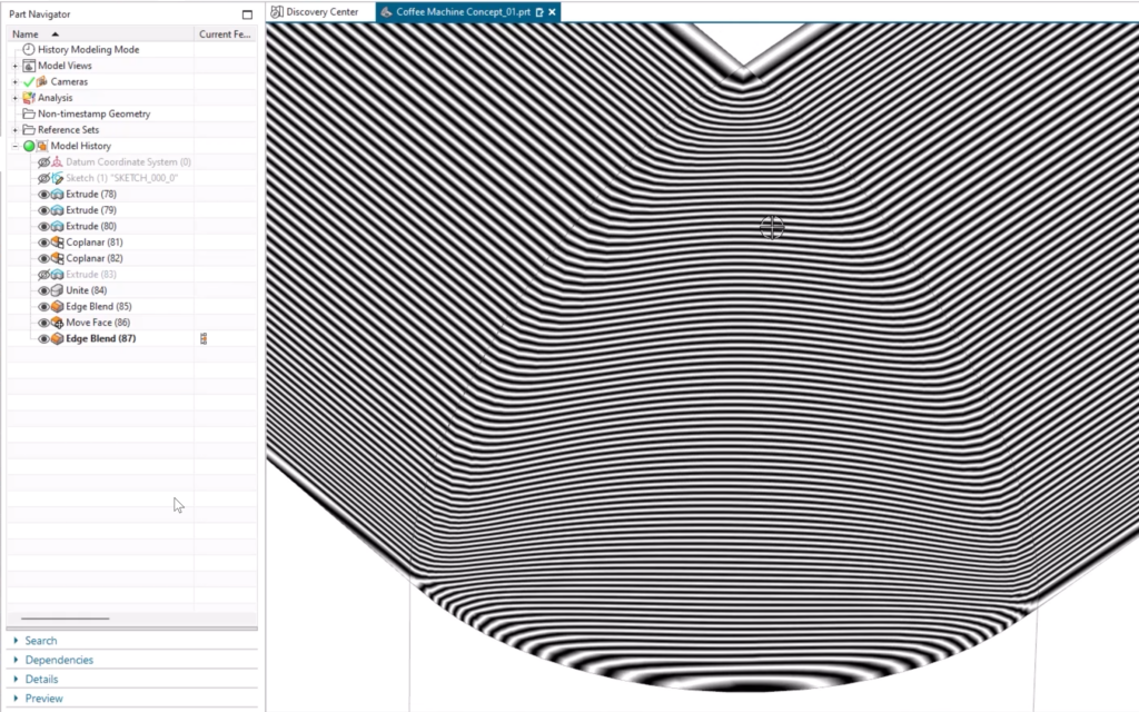 Siemens NX's Reflection Analysis tool showing edge blends with improved transitions