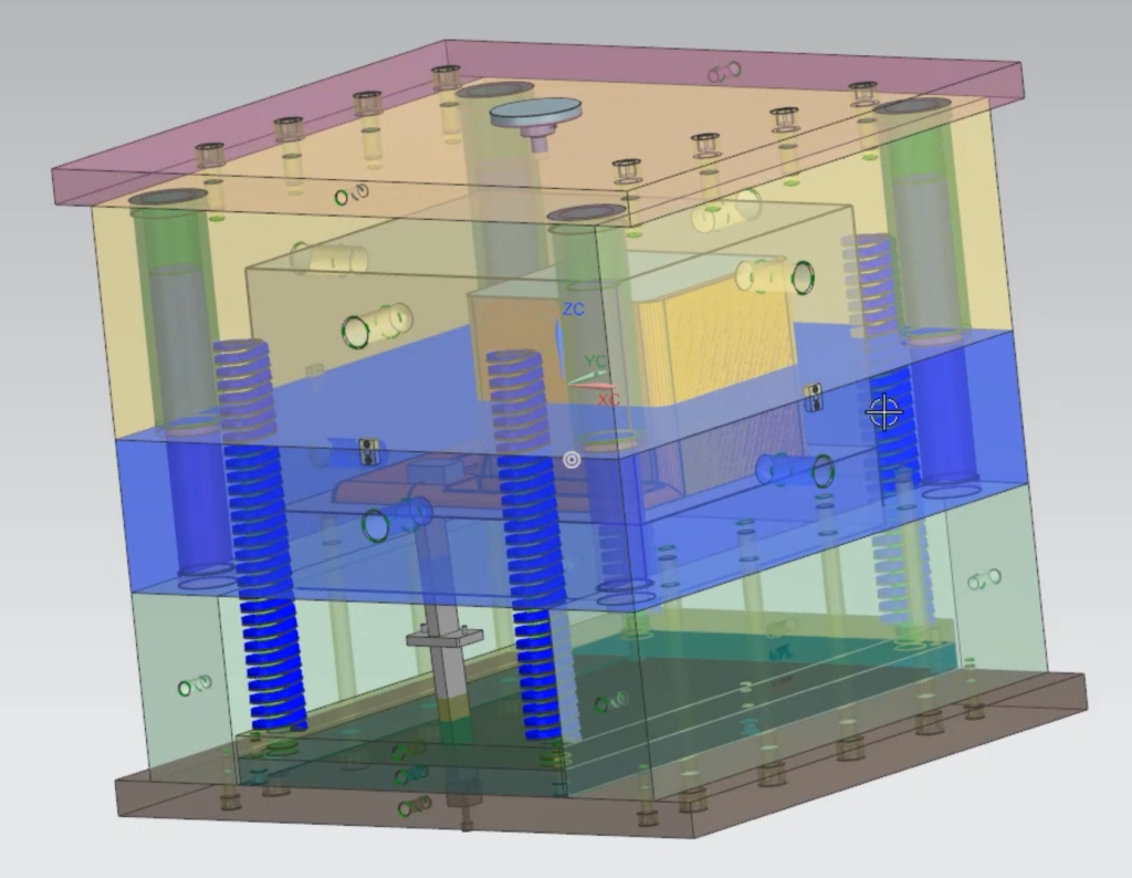 A screenshot of a finished mold design produced by NX Mold Wizard's Detail Design command.