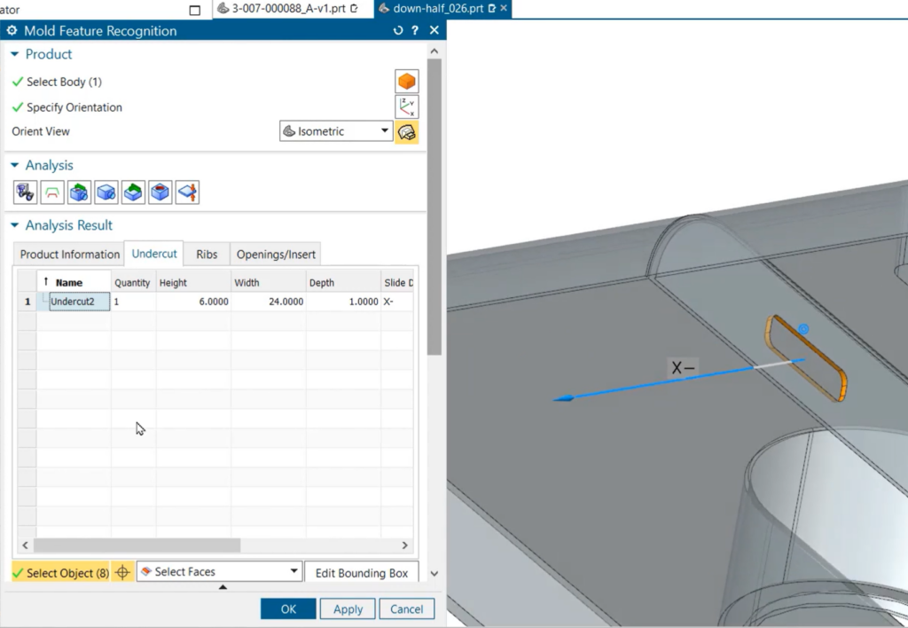 A screenshot of NX Mold Wizard's Mold Feature Recognition command highlighting an undercut area on a plastic part design.