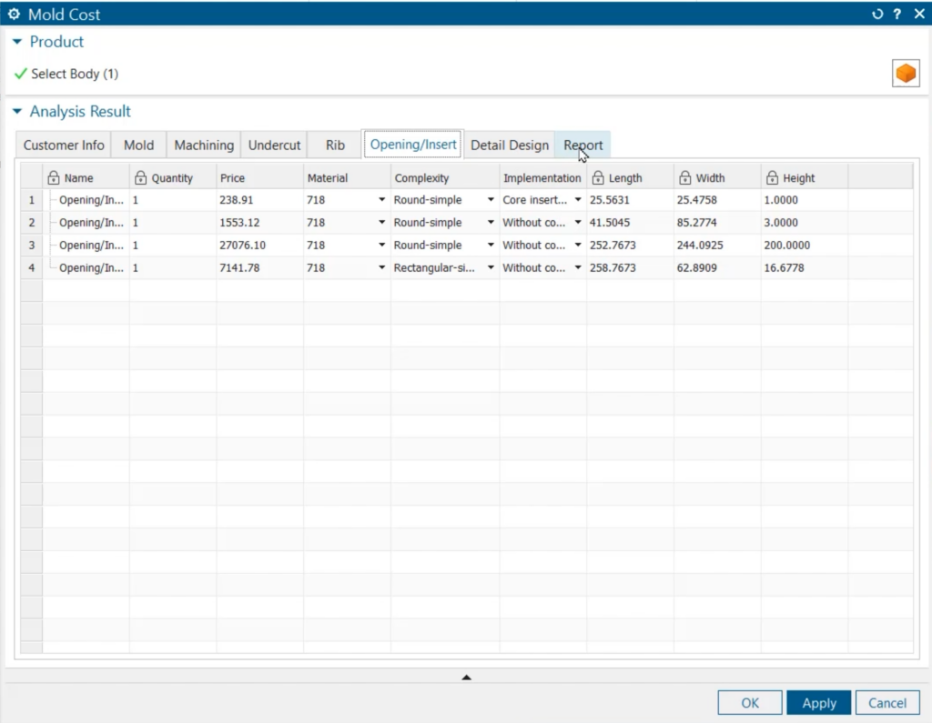 A screenshot of NX Mold Wizard's Mold Cost command, showing details and costs for the openings in a molded part design.