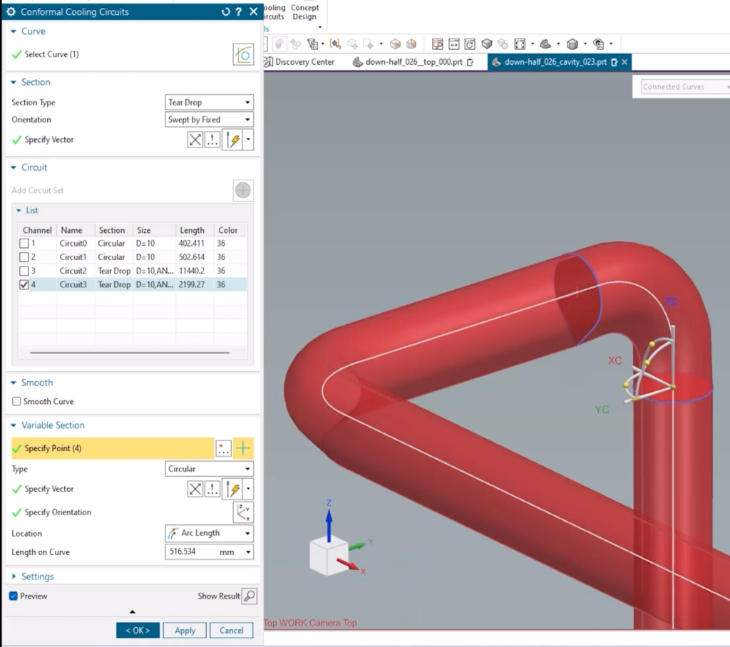 A screenshot showing the Variable Section functionality of NX Mold Wizard's Conformal Cooling Circuits command.